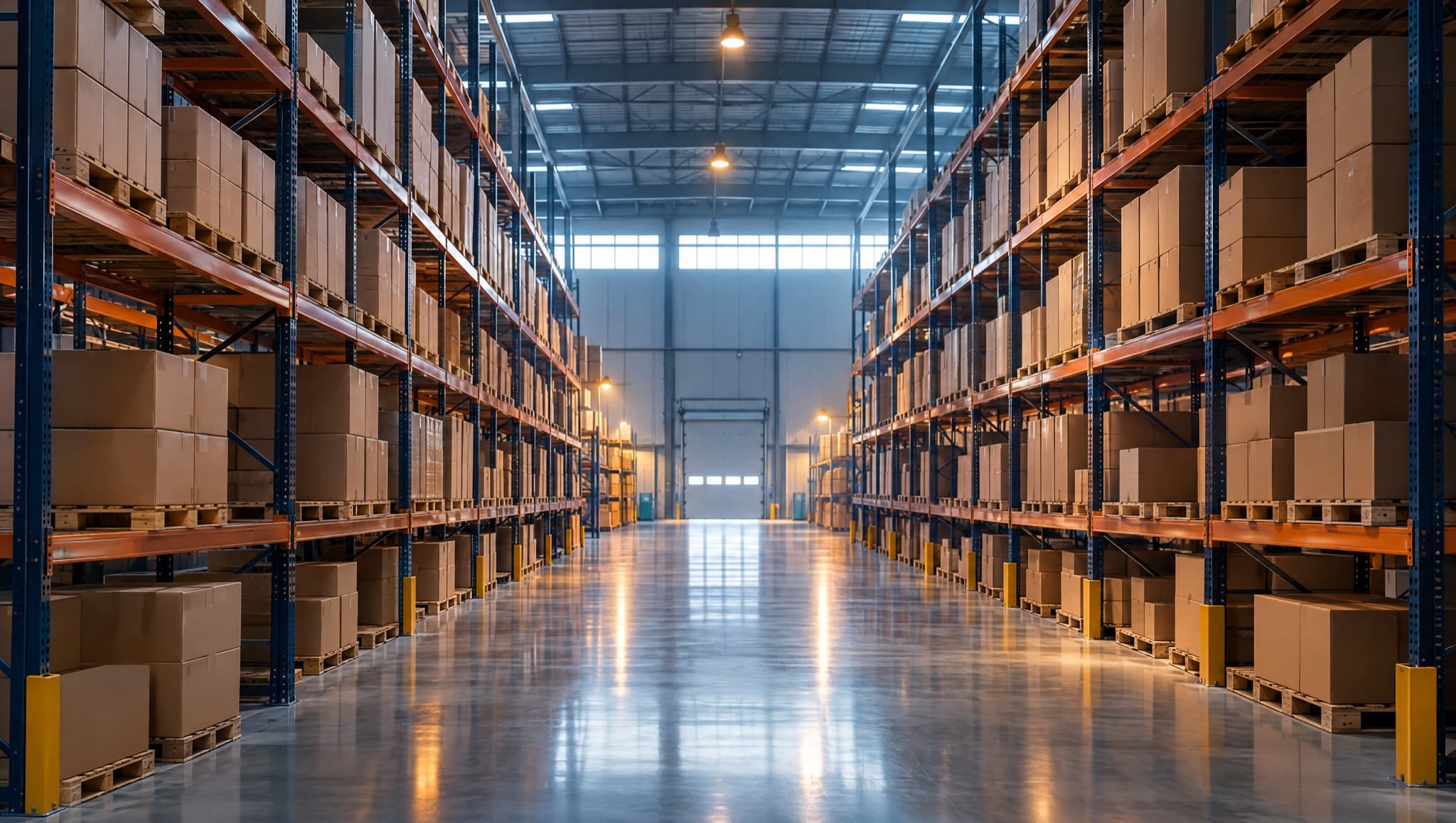 A symmetrical fulfillment-center aisle between tall pallet racking, lit by warm amber light on a polished floor
