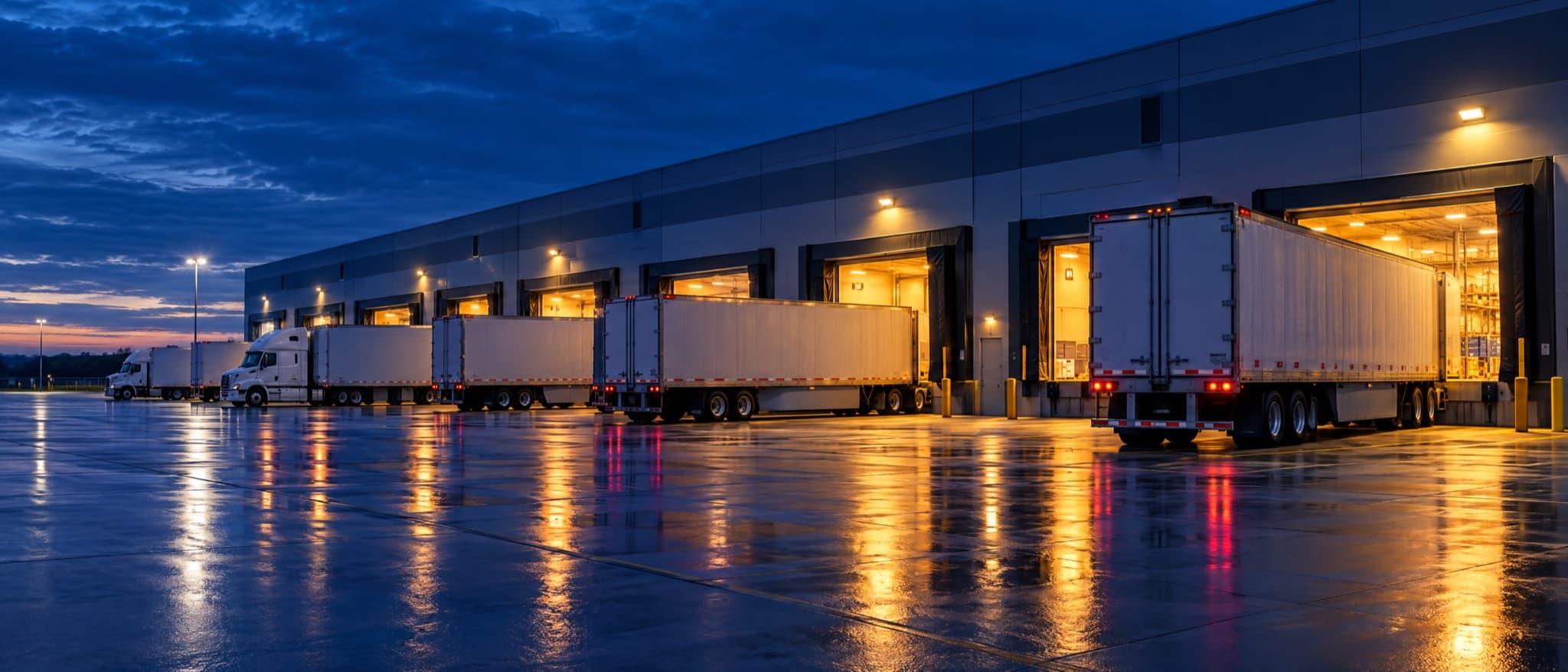 Trailers backed into lit dock doors of a distribution building at blue hour