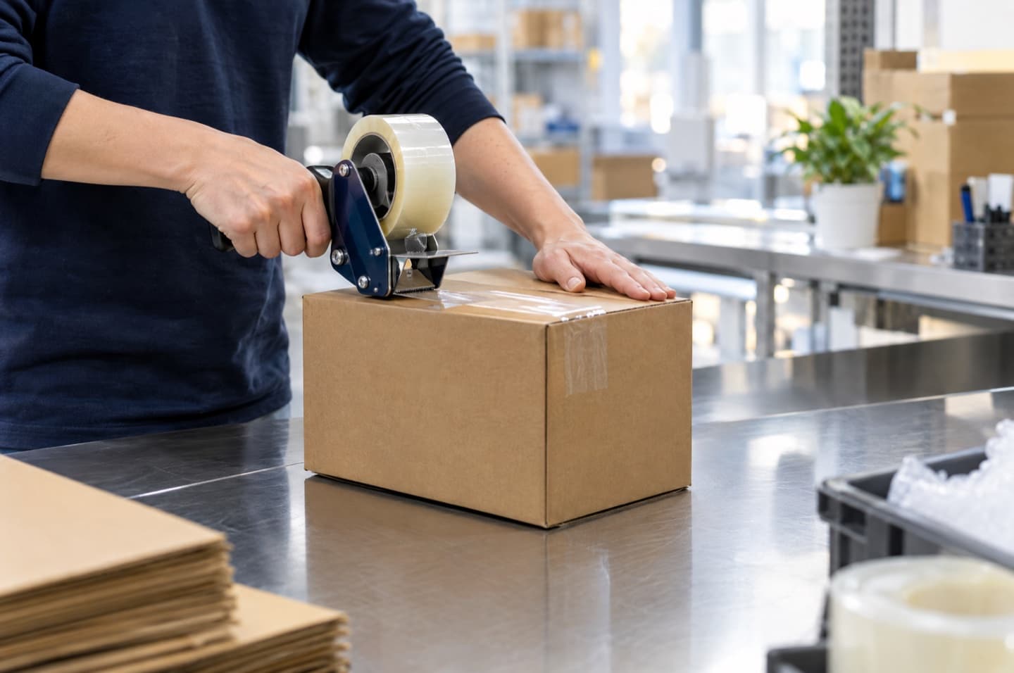 Hands taping a cardboard box shut on a steel packing bench