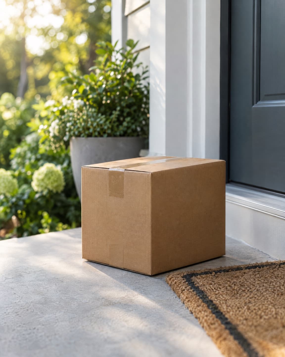 A sealed cardboard box on a sunlit doorstep beside a potted plant