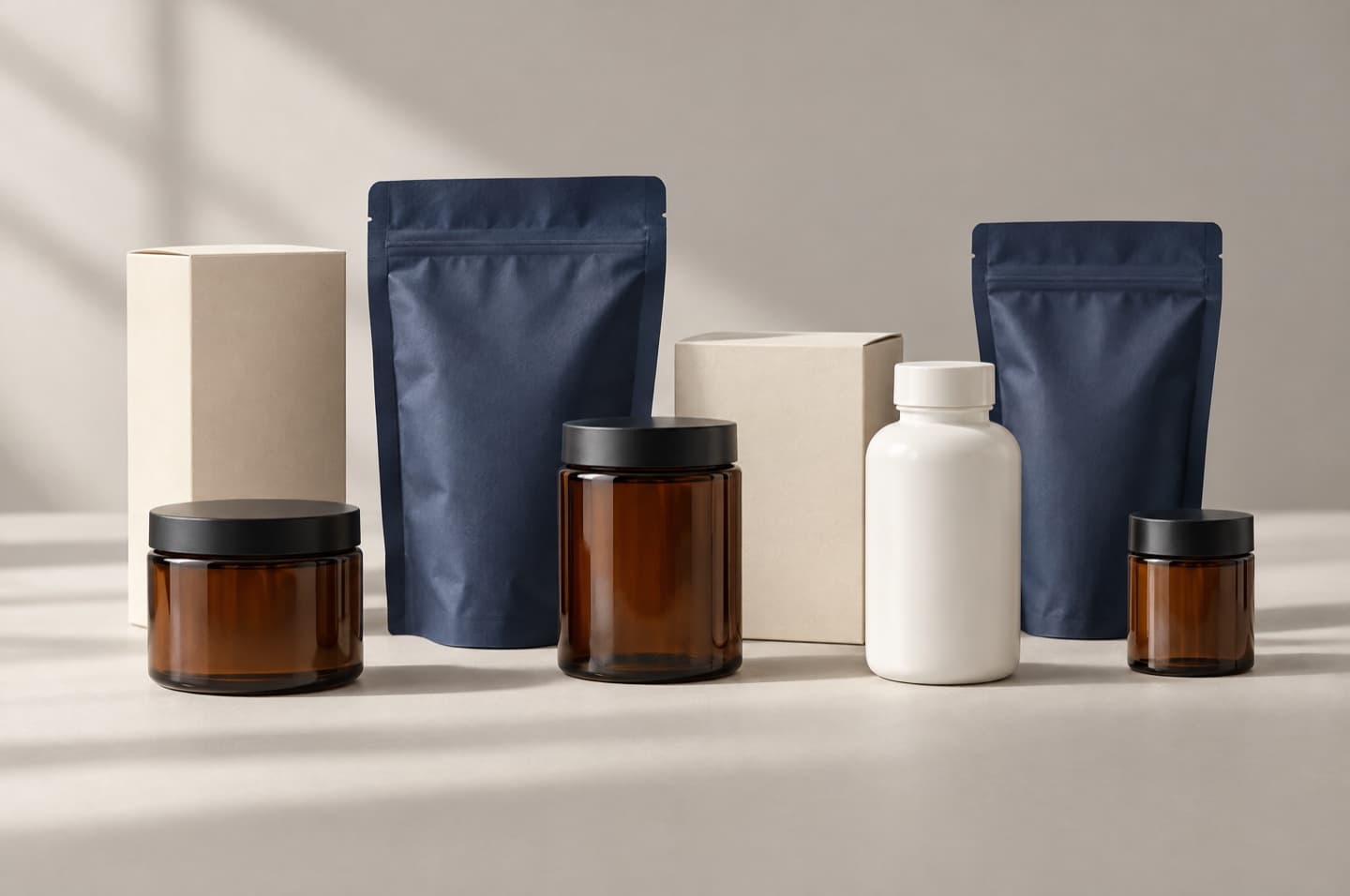 Premium unbranded products: navy pouches, amber jars and cream boxes on a warm gray surface