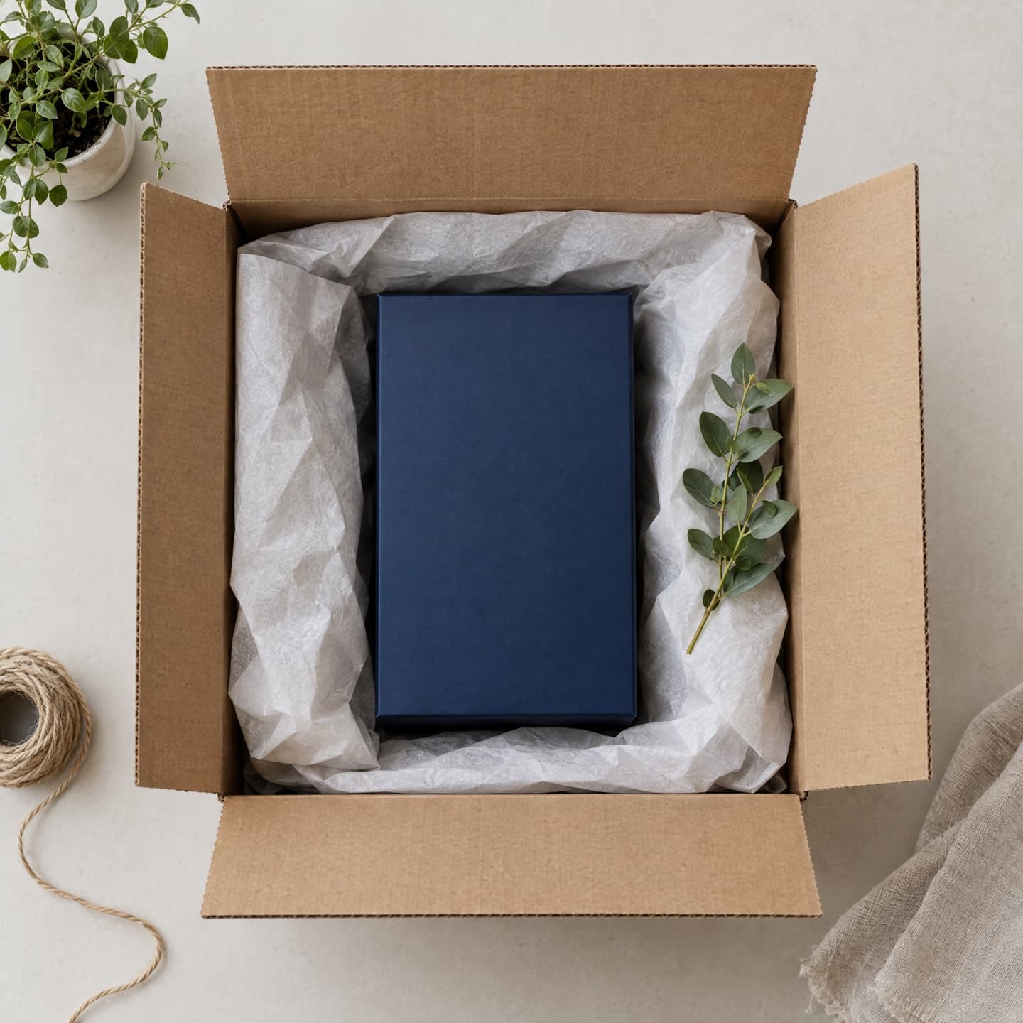 Top-down view of an open shipping box with tissue paper and a navy product box inside